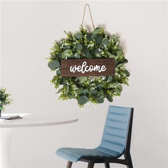 Artificial Eucalyptus Wreath 17.7inch Door Decor Wreath with Wooden Sign Welcome - Picture 3 of 6